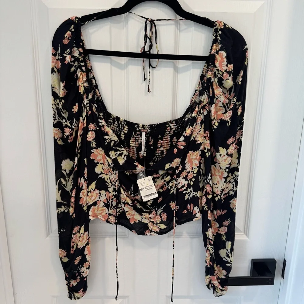 Free People NWT Hilary Printed Top Black Floral Long Sleeve